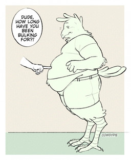 anthro belly belly_overhang belly_peeking_out belly_poke big_belly biped border bottomwear clothed clothing denim denim_bottomwear denim_clothing denim_shorts disembodied_hand duo embarrassed feathers feet male muffin_top obese obese_anthro obese_male overweight overweight_anthro overweight_male shirt shorts side_view simple_background solo_focus standing tail tail_feathers talking_to_another talons text thick_thighs tight_clothing tight_shirt tight_topwear toes topwear weight_conscious weight_gain weight_teasing white_border cowdypie avian bird 2025 artist_name digital_media_(artwork) english_text full-length_portrait hi_res monochrome portrait
