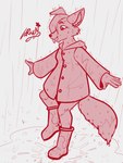 ambiguous_anthro ambiguous_gender anthro biped clothing coat floppy_ears fluffy fluffy_tail fur galoshes hair plantigrade playful puddle raincoat raining solo splash splashing_water tail topwear wet wet_body wet_clothing neon_noble jesam_(jesam) canid canine fox mammal red_fox true_fox 3:4 digital_media_(artwork) hi_res monochrome nonbinary_(lore) trans_(lore) trans_woman_(lore)