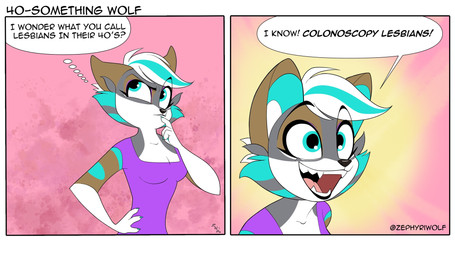 2_panel_comic anthro brown_body brown_fur clothing dialogue fangs female fur green_body green_fur green_highlights hair highlights_(coloring) humor inner_monologue open_mouth open_smile shirt smile solo speech_bubble tank_top teeth text thinking thought_bubble topwear white_body white_fur white_hair wide_eyed zephyriwolf zephyri_q_wolf canid canine canis mammal wolf 16:9 english_text hi_res widescreen