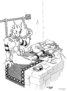 2_penises 3_toes 4_eyes animal_genitalia animal_penis anthro anus barefoot bdsm biped bondage bound chain chained collar collarbone_piercing cuff_(restraint) digitigrade erection feet forked_tail genital_slit genitals hemipenes male metal_collar multi_eye multi_genitalia multi_penis nude penis pillow restrained restraints science_fiction shackles simple_background sitting slave soles solo submissive submissive_male tail tail_cuff toes unusual_anatomy unusual_tail white_background incendax alien reptile scalie 2007 monochrome
