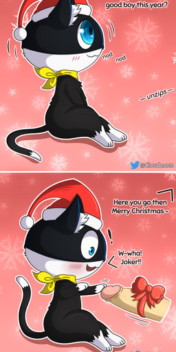 anthro black_body black_fur blue_eyes blush chibi christmas_clothing christmas_headwear clothing erection fur genitals good_boy hat headgear headwear heart_eyes heart_symbol holidays human_on_anthro humanoid_genitalia humanoid_penis interspecies kerchief male markings mask nude open_mouth penis santa_hat simple_background smile solo tail tail_markings text white_body white_fur cloudeon atlus christmas megami_tensei persona_(series) persona_5 sega morgana_(persona) domestic_cat felid feline felis human mammal tuxedo_cat absurd_res digital_media_(artwork) english_text hi_res