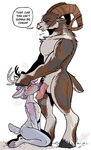 anthro antler_grab antlers big_dom_small_sub big_horn bodily_fluids brown_body brown_fur cloven_hooves curved_horn dialogue dominant duo erection facial_scar femboy fur genitals hooves horn kneeling long_horn male male/male penis purple_body purple_fur saliva scar size_difference text 69saturn420 bovid caprine deer mammal sheep hi_res