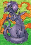 abstract_background ambiguous_gender anthro green_eyes hair looking_at_viewer purple_body purple_hair purple_scales scales semi-anthro sitting small_wings smile smoke smoke_from_nose solo spade_tail tail wide_hips wings thecrazydragon disney mythology the_sword_in_the_stone madam_mim dragon mythological_creature mythological_scalie scalie 2021 hi_res traditional_media_(artwork)