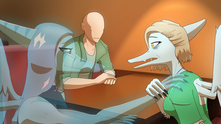 anthro bald biped black_clothing black_topwear blonde_hair bodily_fluids bone_frill breasts clothed clothed_anthro clothed_female clothed_human clothed_male clothing feathered_wings feathers female frill_(anatomy) green_clothing green_jacket green_shirt green_topwear grey_body grey_feathers group hair hand_on_shoulder hand_on_wrist jacket looking_at_another male markings medium_breasts medium_hair non-mammal_breasts open_mouth orange_eyes shirt smile striped_markings stripes surprised tears topwear trio wings areloch cavemanon_studios goodbye_volcano_high ko_op_(game_developer) snoot_game anon_(snoot_game) fang_(gvh) samantha_(snoot_game) ghost human mammal prehistoric_species pterodactylus pterosaur reptile scalie spirit 16:9 colored hi_res shaded widescreen daughter_(lore) mother_(lore) mother_and_child_(lore) mother_and_daughter_(lore) parent_(lore) parent_and_child_(lore) parent_and_daughter_(lore)