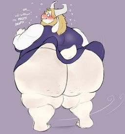 2_horns anthro beard big_butt blonde_beard blonde_facial_hair blonde_hair blush butt clothed clothing clothing_lift crossdressing dialogue dress dress_lift embarrassed exclamation_point facial_hair fur hair horn huge_butt hyper hyper_butt long_ears looking_back male purple_background purple_clothing purple_dress rear_view simple_background small_tail solo standing tail text thick_thighs white_body white_fur baconbearart undertale_(series) asgore_dreemurr bovid caprine goat mammal 2025 absurd_res english_description english_text hi_res