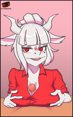 anthro big_breasts bodily_fluids breast_play breasts clothed clothing duo ears_down female female_focus first_person_view genital_fluids genitals hair human_on_anthro interspecies male male/female penis pivoted_ears sex shirt solo_focus titfuck titfuck_under_clothes topwear whin white_hair satiablekat helltaker goat_lucifer_(helltaker) bovid caprine caprine_demon demon goat human mammal hi_res