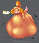 2021 animal_crossing anthro belly big_belly blush bodily_fluids bodily_noises canid canine canis clothing dialogue dialogue_box digestion digital_media_(artwork) domestic_dog emeraldfur english_text eyes_closed female female_pred fully_inside fur hair hi_res huge_belly hyper hyper_belly isabelle_(animal_crossing) larger_prey mammal multiple_prey nintendo onomatopoeia open_mouth oral_vore rumbling_stomach same_size_vore shih_tzu simple_background smaller_pred soft_vore solo sound_effects sweat teeth text tongue toy_dog vore yellow_body yellow_fur