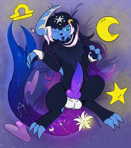balls bed blep blue_body blue_claws blue_tail claws cosmic_hair cosmic_penis cosmic_tail dark_body erection ethereal_hair feral flower fur furniture genitals hair knot looking_down lying male moon nipples on_back on_bed one_eye_closed pawpads paws penis plant presenting presenting_penis purple_hair purple_penis purple_tail quadruped simple_background solo spread_legs spreading star tail tongue tongue_out tuft white_balls wink sein_acediae_(artist) nintendo pokemon sein_acediae absol generation_3_pokemon pokemon_(species) 2023 digital_media_(artwork) hi_res