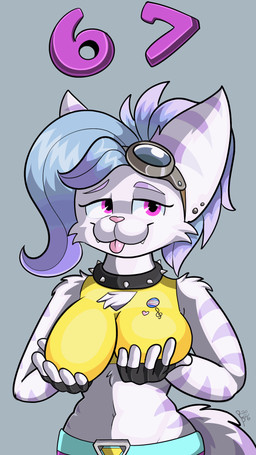 anthro belt belt_buckle blinking bouncing_breasts breasts buckle choker clothing ear_piercing eyewear eyewear_on_head fangs female fingerless_gloves g_clef gloves goggles goggles_on_head hair handwear heart_symbol jewelry lgbt_pride looking_at_viewer meme_pose midriff musical_clef musical_symbol necklace number piercing ponytail pride_colors simple_animation six_seven solo standing striped_body stripes symbol teeth tongue tongue_out transgender_pride_colors puchipi ratchet_and_clank sony_corporation sony_interactive_entertainment harmony_the_lombax lombax mammal 9:16 animated half-length_portrait hi_res portrait shaded trans_(lore) trans_woman_(lore)