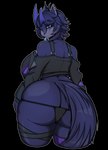 anthro big_breasts big_butt blue_eyes breasts butt clothing ear_piercing female fishnet_clothing fur hi_res horn huge_breasts mammal piercing procyonid purple_body purple_fur raccoon snuffy solo tongue tongue_out vtuber zak_hitsuji