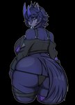 anthro big_breasts big_butt blue_eyes blue_hair breasts butt clothing ear_piercing female fishnet_clothing fur hair horn huge_breasts huge_butt piercing purple_body purple_fur solo tongue tongue_out zak_hitsuji vtuber snuffy mammal procyonid raccoon alpha_channel digital_media_(artwork) hi_res