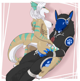 anthro black_body black_fur bodily_fluids cum cum_in_mouth cum_inside cum_on_chest duo ejaculation fur genital_fluids hair herm intersex intersex/male looking_pleasured machine male multicolored_body stripes tail tan_body tongue tongue_out two_tone_body white_hair darkpawstudios yoko_darkpaw aina_dagurmawth aquatic fish protogen shark absurd_res hi_res