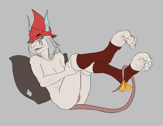 4_toes accessory anthro athletic athletic_anthro athletic_female barefoot biped blue_eyes bow_(feature) bow_accessory bow_ribbon breasts butt claws clothing convenient_censorship curling_toes digitigrade feet female footwear fur furgonomics genitals grey_background grey_body grey_fur hair half-closed_eyes hat headgear headwear knee_highs leggings legwear mostly_nude narrowed_eyes open_mouth pillow pose raised_leg ribbons seductive simple_background sitting smile solo tail tail_accessory tail_bow tail_ribbon teeth toe_claws toeless_footwear toes vulva white_claws white_hair spelunker_sal final_fantasy final_fantasy_ix square_enix freya_crescent burmecian mammal rodent