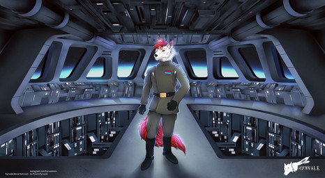 anthro black_clothing clothing cockpit computer confident confident_male corner costume electronics furniture hair inside lamp looking_at_another male planet red_clothing red_eyes solo space spacecraft spaceship_interior star_destroyer technology text vehicle wall_(structure) white_body hynvale star_wars chivalrythewolf canid canine canis mammal wolf hi_res url