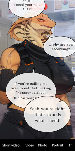 anthro big_breasts biped bodily_fluids bottomwear breasts clothed clothing dialogue female fingers inside non-mammal_breasts offscreen_character orange_body recording snake_hood solo speech_bubble standing sweat tattoo text topwear vest kissxmaker cobra_girl_(im51nn5) cobra reptile scalie snake 2026 absurd_res english_text hi_res korean_text translated