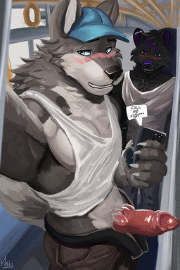 5_fingers animal_genitalia animal_penis anthro bar barazoku belt blue_eyes blush bottomwear bus canine_genitalia canine_penis claws clothed clothing commercial_vehicle duo ear_piercing erection exhibitionism fingers genitals hat headgear headwear knot male male/male muscular muscular_anthro muscular_male open_belt open_bottomwear open_clothing open_pants pants penis piercing pride purple_eyes shirt smile summer tail tank_top teeth text topwear vehicle inij canid canine canis mammal wolf absurd_res digital_media_(artwork) english_text hi_res