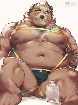 accessory anthro belly biped blush brown_body brown_fur bulge butt clothing detailed_bulge fur hair harness headband jockstrap male male_anthro moobs navel nipples overweight overweight_male simple_background solo underbutt underwear white_background white_hair sawch_cls lifewonders live_a_hero goro_(live_a_hero) bear mammal hi_res