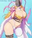 5_fingers belly_cutout big_breasts blonde_hair bodily_fluids breasts clothed clothing cutout feathered_wings feathers female fingers hair headgear headwear long_hair midriff navel not_furry obscured_eyes solo sweat wings psychenergy waru-geli bandai_namco digimon angel angel_humanoid angewomon digimon_(species) humanoid winged_humanoid 5:6 absurd_res hi_res