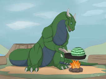ambiguous_gender anthro big_tail blue_eyes blue_sky campfire claws cooking cookware day detailed_background finger_claws fire food fruit frying_pan green_body green_scales grey_body grey_scales horn humor kitchen_utensils licking licking_lips licking_own_lips long_tail melon nude outside pan plant rock scales sky solo tail teeth toe_claws tongue tongue_out tools tree_stump watermelon white_claws white_horn rimentus mythology dragon mythological_creature mythological_scalie scalie 2018 4:3 digital_drawing_(artwork) digital_media_(artwork) shaded signature soft_shading