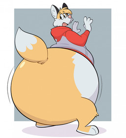 anthro big_butt border bottom_heavy bottomless bottomless_anthro bottomless_male butt butt_jiggle cheek_tuft clothed clothing dipstick_ears dipstick_tail ear_markings facial_tuft fluffy fluffy_tail fur fur_tuft gloves_(marking) grey_background head_tuft hoodie huge_butt inner_ear_fluff jiggling leg_tuft looking_back looking_down male markings monobutt monobutt_expansion multicolored_body multicolored_ears multicolored_fur open_mouth orange_body orange_fur paws pear-shaped_figure pink_nose quadruped raised_arms raised_tail rear_view simple_background solo standing surprised tail tail_markings tail_tuft topwear tuft white_body white_border white_fur wide_hips wobbling kitsunezero monobutt_may zero_(kitsunezero) canid canine fox mammal 2026 hi_res