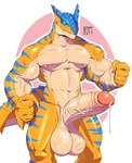 5_fingers anthro balls big_balls big_penis biped blue_eyes blue_stripes bodily_fluids circumcised cum cum_string_offscreen erection fingers fist foreskin front_view genital_fluids genitals humanoid_genitalia humanoid_penis leaking_cum male male_anthro markings mouth_closed muscular muscular_anthro muscular_arms muscular_male nude penis retracted_foreskin saggy scales simple_background solo standing striped_arms striped_legs striped_markings striped_tail stripes tail tail_markings vein veiny_arms veiny_balls veiny_penis white_background yellow_body yellow_scales sharkboi capcom monster_hunter flying_wyvern scalie tigrex 2025 absurd_res hi_res