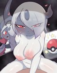 absol anthro anthrofied areola big_breasts blush breasts female fur generation_3_pokemon heart_symbol hi_res himimi looking_at_viewer mammal nintendo nipples pink_areola pink_nipples pokeball pokemon pokemon_(species) pokemorph smile white_body white_fur