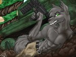 abs anthro athletic belt belt_buckle bottomwear buckle cheek_tuft claws cliff clothing dirt dirty facial_tuft fangs fluffy fluffy_ears fluffy_hair fluffy_tail gun hair male mud muscular muscular_male neck_tuft nipples pants ranged_weapon solo tail tank teeth tuft vehicle weapon darkness35wolf pyndan canid canine canis mammal wolf 4:3 digital_drawing_(artwork) digital_media_(artwork) hi_res shaded soft_shading