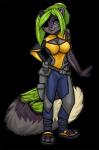 anthro armor bell big_breasts big_tail biped breasts clothed clothing cosplay eye_covering female footwear fur green_body green_fur green_hair green_markings grey_body grey_fur hair hand_on_hip huge_tail legwear markings multicolored_body multicolored_fur pose sandals shoes solo standing tail yellow_body yellow_fur theowlette alice_okai felid mammal pantherine snow_leopard alpha_channel