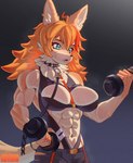 abs alternative_fashion anthro big_breasts bodily_fluids bottomwear breasts broad_shoulders broken_chain clothing collar countershading cuff_(restraint) ear_piercing ear_ring exercise female hair harness kemono leash multicolored_hair muscular muscular_anthro muscular_arms muscular_female navel neck_tuft orange_hair pants piercing red_hair restraints ring_piercing small_waist solo sparkles sparkling_eyes spiked_collar spikes straps sweat tuft two_tone_hair weightlifting weights workout kemari mythology vchiban vtuber buffpup canid canine canis mammal mythological_canine mythological_creature were werecanid werecanine werewolf wolf digital_media_(artwork) hi_res