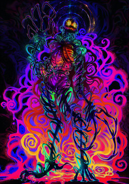 ambiguous_gender anterior_nasal_aperture black_body bone claws curly_hair dewclaw digitigrade glowing glowing_eyes hair long_fingers long_hair not_furry nude pointy_ears psychedelic rib_cage sharp_teeth skeleton skull skull_head smile solo spine spiral spiral_eyes standing teeth blackberreh the_magnus_archives the_distortion animated_skeleton entity_(tma) humanoid monster spiral_(tma) undead absurd_res colored colorful_theme digital_media_(artwork) hi_res