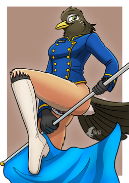 anthro anus boots bottomless bottomless_female clothed clothing female flag flag_(object) flag_pole footwear genitals holding_pole humanoid_genitalia humanoid_vulva marching_band marching_band_uniform raised_leg shoes solo vulva fish_birb american_robin avian bird oscine passerine robin_(bird) thrush_(bird) true_thrush absurd_res hi_res