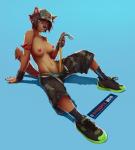 2011 anthro arm_support biped black_nose blue_background bottomwear breasts brown_hair canid canine canis clothed clothing crowbar domestic_dog female green_eyes hair hat headgear headwear hi_res holding_crowbar looking_at_viewer mammal michelle_(stoopix) nipples panties pose reclining shorts simple_background sitting solo stoopix tomboy tools topless underwear undressing