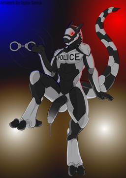 3_fingers 3_toes anthro balls big_feet biped black_body black_skin bodily_fluids cuff_(restraint) feet fingers genital_fluids genitals glans glowing glowing_eyes gradient half-erect handcuffs humanoid_genitalia humanoid_penis long_penis long_tail looking_at_viewer machine male markings metal_cuffs nude penis police precum raised_tail red_eyes red_sclera restraints shackles sitting solo striped_markings striped_tail stripes tail tail_markings tapering_tail text toes white_body white_glans white_skin aramis-savra vectran android robot robot_anthro synth_(vader-san) absurd_res english_text hi_res