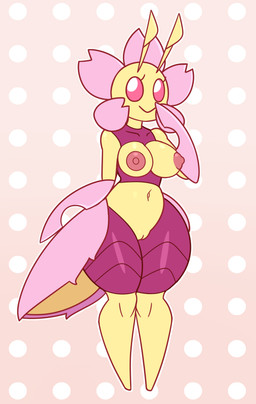 anthro areola big_breasts breasts female genitals multicolored_body nipples pink_body red_eyes solo thick_thighs vulva wide_hips yellow_body mintyspirit nintendo pokemon somei_the_leavanny_(grenji) arthropod generation_5_pokemon humanoid insect leavanny pokemon_(species) 2024 digital_media_(artwork) hi_res