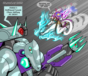 anthro arm_cannon bare_legs battle book bottomwear breasts cleavage clothed clothing decepticon elemental_manipulation extreme_size_difference female fire fire_manipulation fur green_glass grey_body grey_fur grey_hair hair hellfire kick larger_male loincloth magic_hands male motion_lines red_eyes size_difference smaller_female speech_bubble spellbook text white_body white_fur lyonley hasbro hellaverse helluva_boss mythology takara_tomy transformers loona_(helluva_boss) shockwave_(transformer) canid canid_demon canine cybertronian demon hellhound humanoid mammal mythological_canine mythological_creature artist_name english_text hi_res