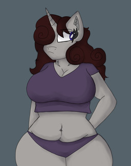 anthro belly belly_overhang big_breasts blue_eyes breasts brown_hair clothing female hair hands_behind_back horn navel panties scar shirt solo thick_thighs topwear underwear archerwonder mythology violina(reddthebat) equid equine mammal mythological_creature mythological_equine unicorn absurd_res hi_res