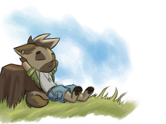 anthro biped bottomwear brown_body brown_fur calm chibi clothed clothing dog_tags fur grass hands_behind_head male plant shirt shorts sleeping solo topwear tree_stump eyeball6300_(chiv) raiu_armstrong canid canine canis domestic_dog german_shepherd herding_dog mammal pastoral_dog 4:3 hi_res