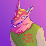 anthro clothing fur jacket letterman_jacket looking_at_viewer male open_mouth pink_body pink_fur purple_background ruff simple_background solo teeth tongue tongue_out topwear chuy_avilarts epic_games fortnite andy_fangerson alebrije canid canine canis mammal wolf 1:1 2024 absurd_res bust_portrait hi_res portrait