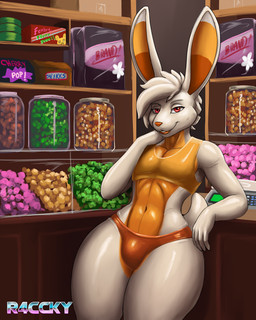 anthro big_bulge bulge candy dessert femboy food hair inside leaning_on_table male red_eyes scut_tail short_tail solo standing tail thick_thighs white_hair wide_hips conditional_dnp cracky andy_corn food_creature lagomorph leporid living_candy mammal rabbit