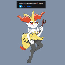 3_toes 4_fingers anthro arm_tuft biped black_body black_fur blush blush_lines blush_stickers breasts cheek_tuft chest_tuft closed_smile dipstick_tail eyelashes facial_tuft featureless_breasts featureless_crotch feet female female_anthro fingers front_view fur hip_tuft holding_object holding_stick inner_ear_fluff looking_at_viewer markings medium_breasts mouth_closed narrowed_eyes neck_tuft nude nude_anthro nude_female orange_body orange_eyes orange_fur orange_inner_ear_fluff orange_nose orange_tail_tip pointy_ears prick_ears shoulder_tuft simple_background smile solo stick tail tail_markings tapering_snout text thick_thighs toes tuft two_tone_tail white_body white_fur wide_hips yellow_body yellow_fur yellow_tail oiruazumel nintendo pokemon braixen canid generation_6_pokemon mammal pokemon_(species) 1:1 2024 absurd_res cel_shading colored digital_drawing_(artwork) digital_media_(artwork) full-length_portrait hi_res portrait shaded spanish_text translated