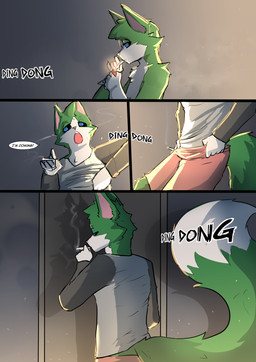 anthro blue_eyes bottomwear clothing dark_sclera dialogue doorbell dressing dressing_up drugs fluffy fluffy_tail fur green_body green_fur grey_clothing grey_shirt grey_topwear joint light lighting_cigarette male marijuana multicolored_body multicolored_fur pants red_bottomwear red_clothing red_pants shirt smoking smoking_marijuana solo sunlight tail text topwear two_tone_body two_tone_fur white_body white_fur lizzard_sama nintendo pokemon shadow_(katson) felid feline felis generation_9_pokemon mammal pokemon_(species) sprigatito 2025 absurd_res comic digital_media_(artwork) english_text hi_res