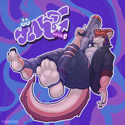 4_toes 5_fingers abstract_background anthro black_clothing black_jacket black_topwear blue_bottomwear blue_clothing blue_eyes blue_pants bottomwear claws clothed clothing eyebrows feet fingers fishbone foot_focus footwear hair hairy_tail highlights_(coloring) inner_ear_fluff jacket looking_aside male orange_eyebrows orange_hair paint_gun pants plantigrade purple_highlights shirt socks solo stylized_background tail tan_soles tan_tail teeth text toes topwear torn_bottomwear torn_clothing torn_pants tuft white_clothing white_shirt white_topwear trick_rex nintendo splatoon 1:1 2025 absurd_res artist_name colored digital_drawing_(artwork) digital_media_(artwork) english_text full-length_portrait hi_res portrait signature