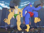 ambiguous_gender anthro bulge city clothing destruction detailed_bulge duo_focus group macro male micro plantigrade rampage speedo stomping swimwear donttouchmylasagna nintendo star_fox falco_lombardi fox_mccloud leon_powalski panther_caroso wolf_o'donnell avian bird canid canine canis chameleon felid fox lizard mammal pantherine reptile scalie wolf 4:3 absurd_res hi_res