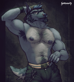 anthro armpit_hair baseball_cap blue_body blue_eyes blue_fur blue_tail body_hair bulge chest_hair clothed clothing eyewear front_view fur glasses hand_behind_head happy_trail hat headgear headwear male male_anthro mouth_closed muscular muscular_anthro muscular_male narrowed_eyes rectangular_glasses solo standing tail topless white_body white_fur white_tail acidwuff canid canine mammal 2023 dated hi_res signature