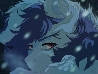 ambiguous_form black_background blue_eyebrows blue_inner_ear_fluff blue_mane ellipsis eyebrows eyelashes female fluffy_ears fur inner_ear_fluff lidded_eyes light looking_back mane mouth_closed multicolored_mane outside pink_eyes simple_background snow snowing solo somber text tuft two_tone_mane white_body white_fur white_mane rayrage hasbro my_little_pony fan_character rachel_rage earth_pony equid equine horse mammal pony 2023 4:3 artist_name colored digital_drawing_(artwork) digital_media_(artwork) english_description english_text headshot_portrait lighting portrait shaded