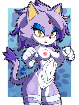 anthro athletic athletic_anthro blush breasts cosplay crossover_cosplay fangs female genitals hair_down lidded_eyes looking_at_viewer nipples paw_pose pose princess royalty small_breasts solo speech_bubble teeth toned_thighs vulva yellow_eyes skwid capcom darkstalkers sega sonic_the_hedgehog_(series) blaze_the_cat felicia_(darkstalkers) domestic_cat felid feline felis mammal 3:4 crossover hi_res