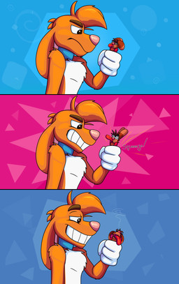 4_fingers anthro big_grin big_tongue blowing_raspberries cartoon_gloves cartoon_physics duo extreme_size_difference eyebrows fingers macro making_faces male male/male micro red_tongue rude size_difference squeezing taunting teasing tongue tongue_out toony toony_moment doggydog daze doggydog_(character) roderick_(tamerkoh) toon_doggydog_(doggydog) canid canine canis domestic_dog lagomorph leporid mammal rabbit absurd_res comic hi_res