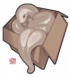 bedroom_eyes blue_eyes blush box cardboard cardboard_box container female feral genitals glistening half-closed_eyes in_box in_container kemono narrowed_eyes pussy seductive serpentine simple_background solo wet white_background petaroh if_it_fits_i_sits_(meme) eel fish marine unknown_species zanburg meme