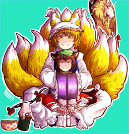 2_tails 9_tails blonde_hair blue_background bowl brown_hair butterfly_sitting cat_smile clothing colored_nails container cup dipstick_tail dress ear_piercing eyes_closed female fingernails group hair markings multi_tail nails on_lap one_eye_closed outline piercing portal purple_eyes red_clothing red_fingernails red_nails sharp_fingernails sharp_nails simple_background sitting sitting_on_lap smile tail tail_markings trio white_clothing white_dress white_outline white_tail_tip yellow_eyes yellow_tail sleep_(isliping) asian_mythology east_asian_mythology japanese_mythology mythology touhou chen_(touhou) ran_yakumo yukari_yakumo animal_humanoid canid canid_humanoid canine canine_humanoid cat_humanoid felid felid_humanoid feline feline_humanoid fox_humanoid human humanoid mammal mammal_humanoid nekomata yokai hi_res