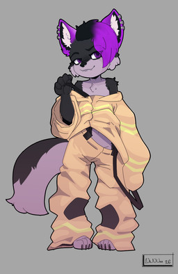 anthro biped black_body black_fur black_nose cheek_tuft claws clothed clothing countershade_face countershade_fur countershade_torso countershading ear_piercing ear_ring facial_tuft female firefighter_uniform fluffy fluffy_tail front_view fur hair inner_ear_fluff looking_at_viewer oversized_clothing piercing purple_ears purple_hair ring_piercing simple_background solo standing tail toe_claws tuft uniform white_body white_countershading white_fur white_inner_ear_fluff young young_anthro young_female nanuna canid canine canis mammal wolf 2026